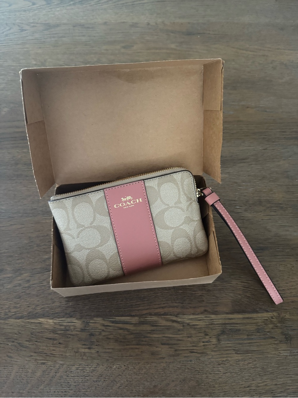 Coach Khaki Signature Canvas Wristlet with Pink Trim